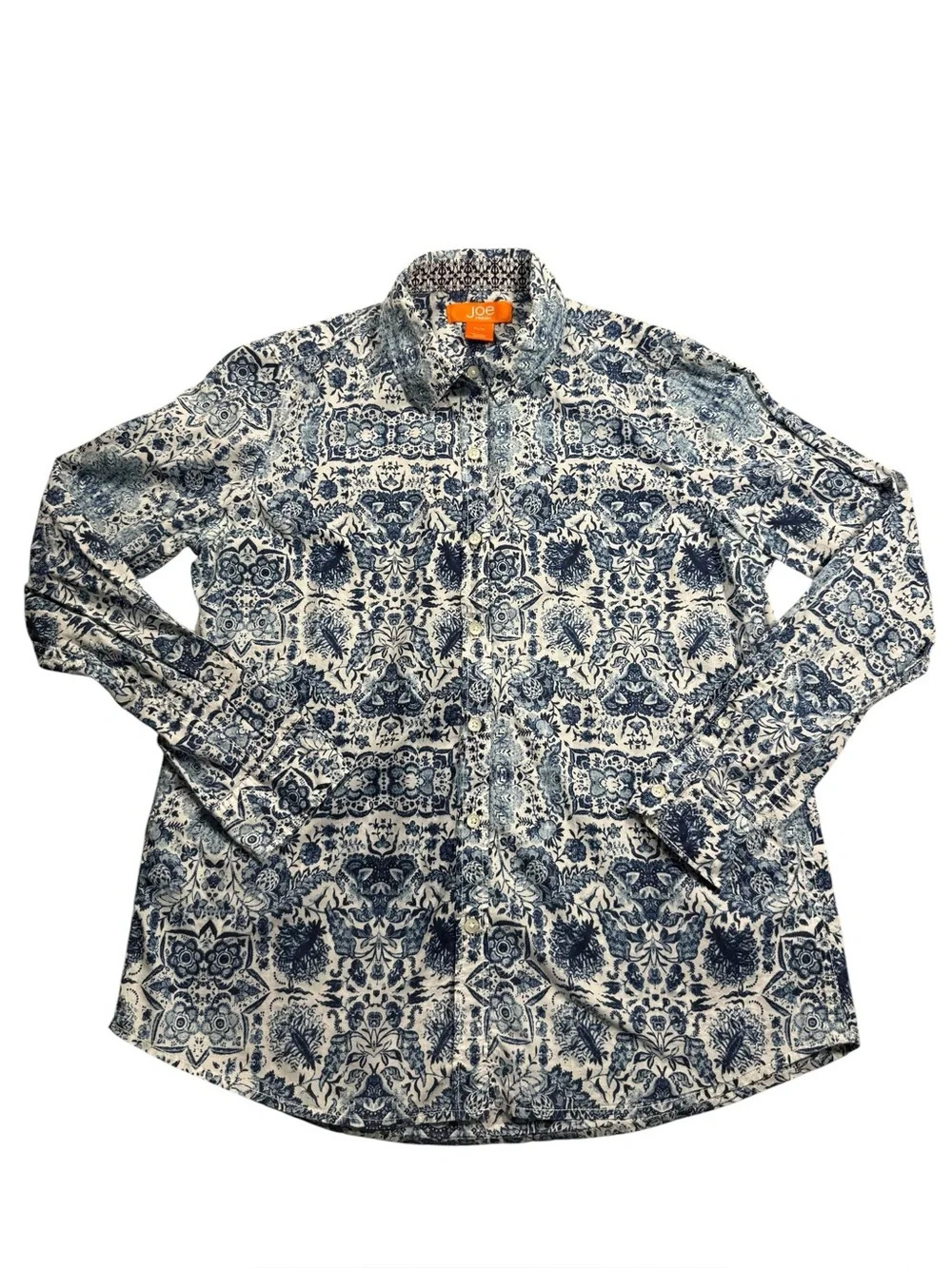 Joe Fresh Medium 100% Cotton Navy White Floral Tile Print Button Up Shirt